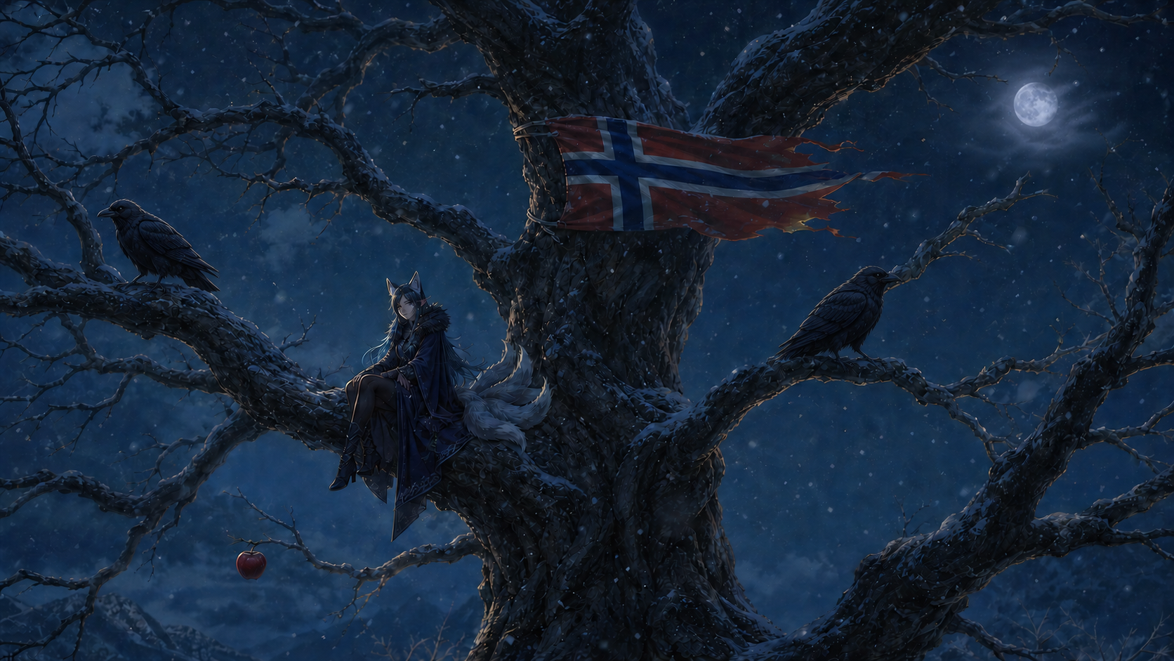 Two ravens guarding a moonlit winter tree with a Norwegian flag, an apple, and a small fox-eared guardian